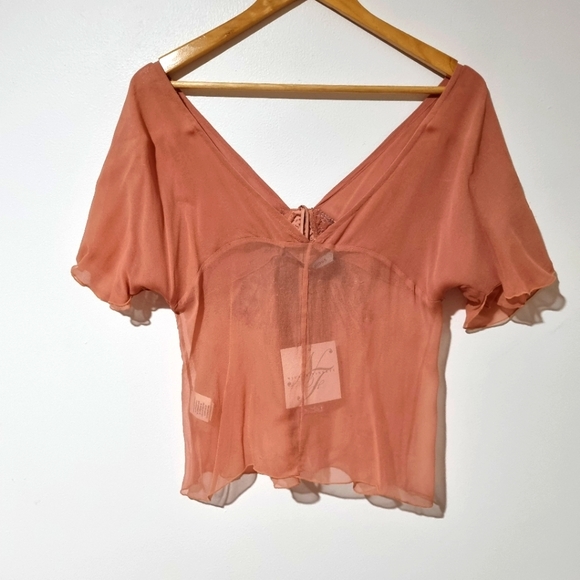 Nicola Finetti Size 10 Silk Peach Sheer Beaded Sequined Flutter Sleeve Top NEW - Picture 9 of 9